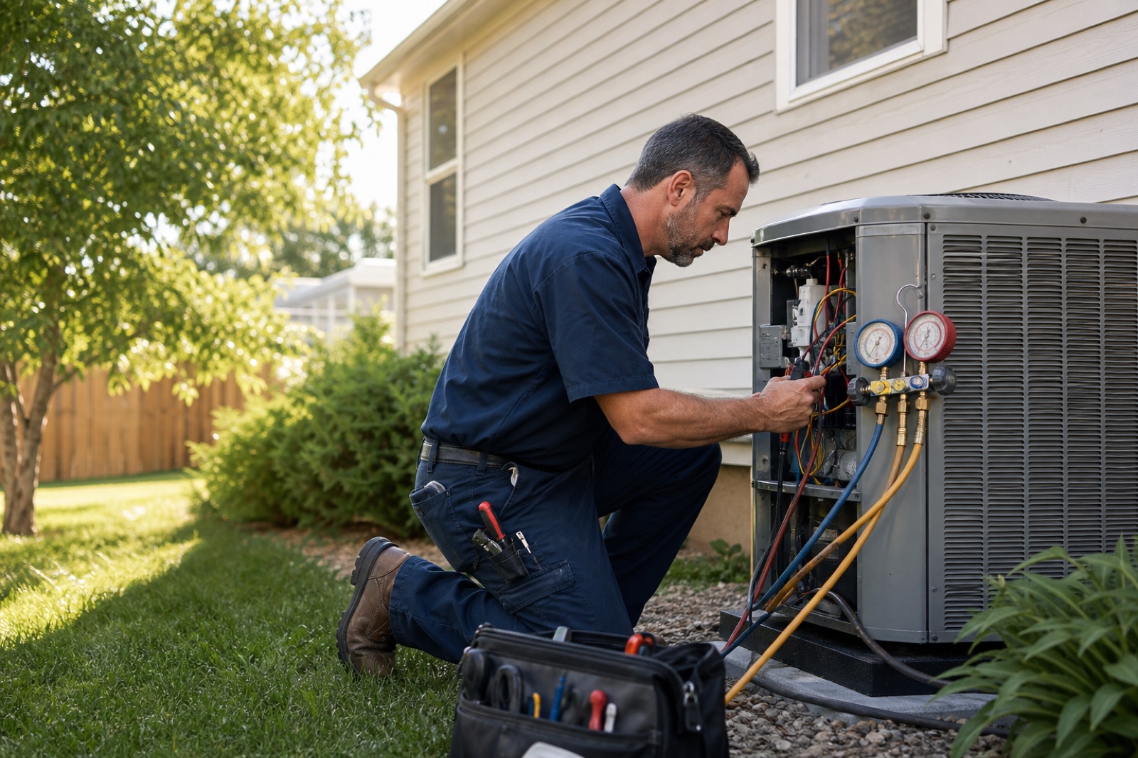 HVAC technician servicing an outdoor air-conditioning unit